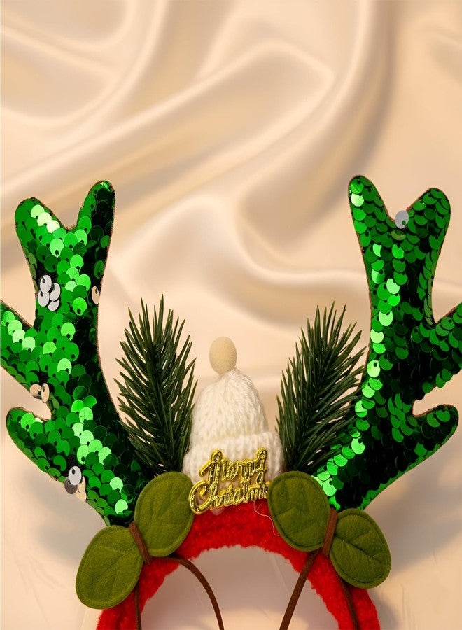 ascension Christmas Reindeer Antler Headband Furry Red Band with Green Sequin Antlers, Cherries & Merry Christmas Tag for Kids Adult Xmas Party Decor Xmas Gift for Children (Pack of 4) - Image 3